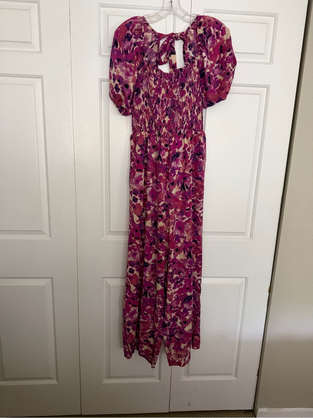 Women's Pink Floral Casual Jumpsuit with Puff Sleeves